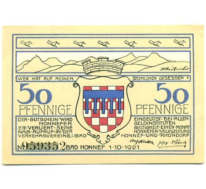 Банкнота 50 пфеннигов 1921 года Германия — Бад-Хоннеф (Нотгельд) (Артикул: K10-12738) — Фото №1