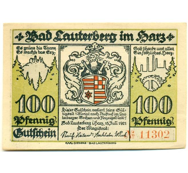 Банкнота 100 пфеннигов 1921 года Германия — Бад-Лаутерберг-им-Гарц (Нотгельд) (Артикул: K10-12739) — Фото №2