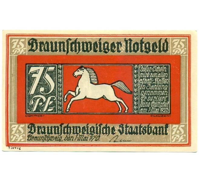 Банкнота 75 пфеннигов 1921 года Германия — Брауншвейг (Нотгельд) (Артикул: K10-12776) — Фото №1