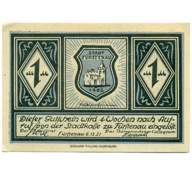 Банкнота 1 марка 1921 года Германия — Фюрстенау (Нотгельд) (Артикул: K10-12781) — Фото №2