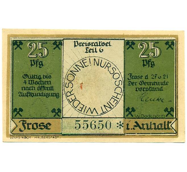 Банкнота 25 пфеннигов 1921 года Германия — Фрозе Анхальт (Нотгельд) (Артикул: K10-12785) — Фото №2
