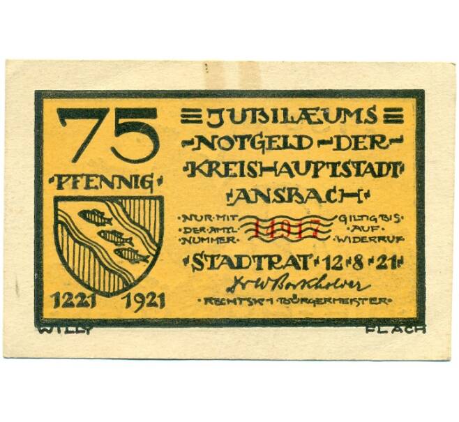 Банкнота 75 пфеннигов 1921 года Германия — Ансбах (Нотгельд) (Артикул: K10-12819) — Фото №1
