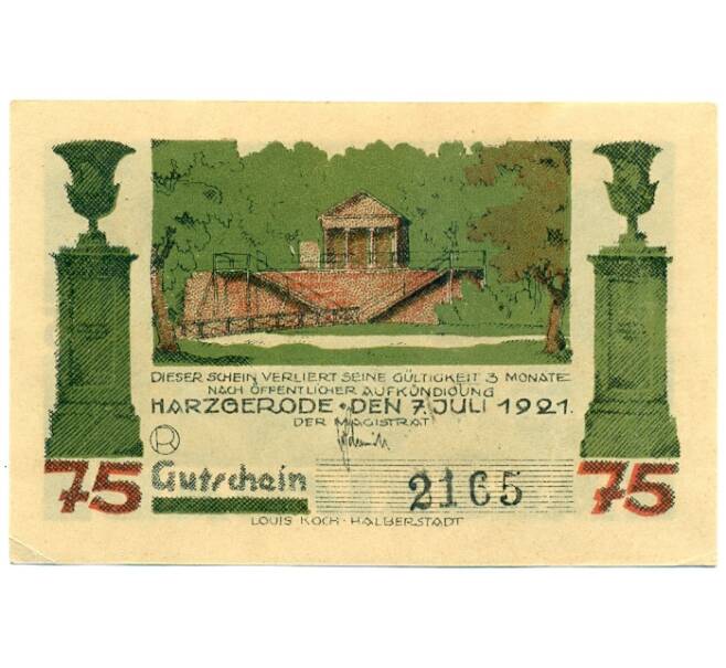 Банкнота 75 пфеннигов 1921 года Германия — Гарцгероде (Нотгельд) (Артикул: K10-12821) — Фото №2