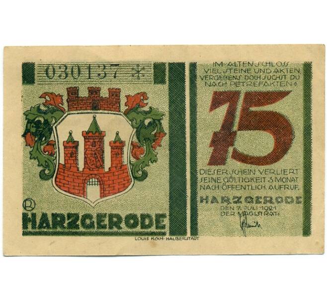 Банкнота 75 пфеннигов 1921 года Германия — Гарцгероде (Нотгельд) (Артикул: K10-12825) — Фото №2
