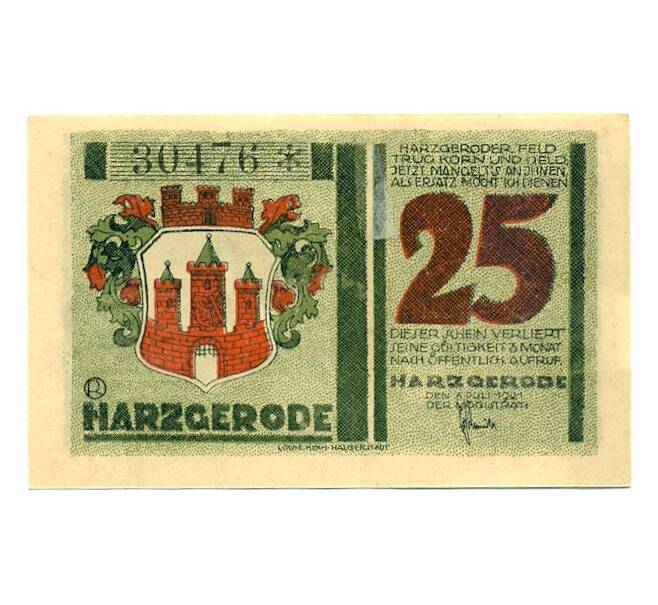 Банкнота 25 пфеннигов 1921 года Германия — Гарцгероде (Нотгельд) (Артикул: K10-12827) — Фото №2