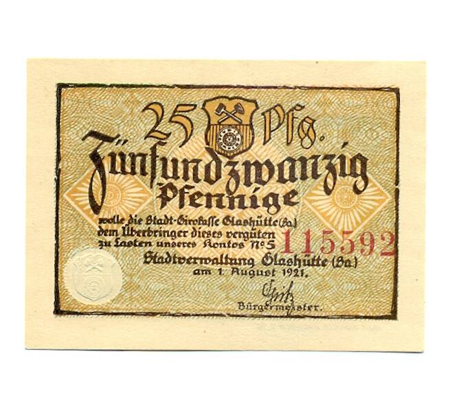Банкнота 25 пфеннигов 1921 года Германия — Гласхютте (Баден) Нотгельд (Артикул: K10-12831) — Фото №1