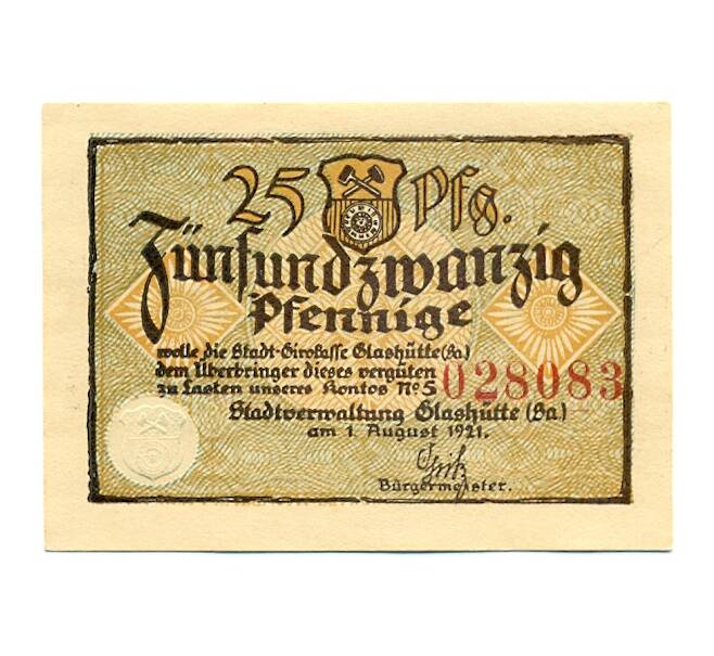 Банкнота 25 пфеннигов 1921 года Германия — Гласхютте (Баден) Нотгельд (Артикул: K10-12836) — Фото №1