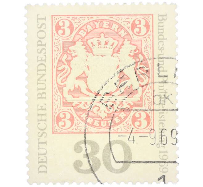 Почтовая марка 30 пфеннигов 1969 года Западная Германия (ФРГ) «Баварская марка — 3 кроны» (Артикул: T11-39104) — Фото №1