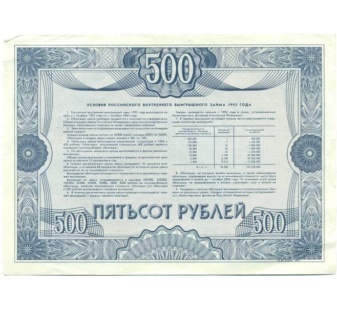 Облигация 500 рублей 1992 года «Российский внутренний выигрышный заем» (Артикул: T11-39279) — Фото №2