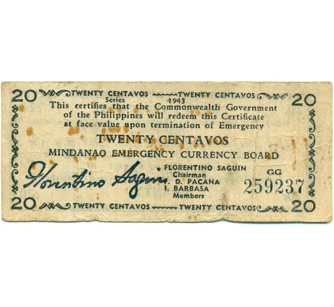 Банкнота 20 сентаво 1943 года Филиппины — провинция Минданао (Артикул: K10-12914) — Фото №1