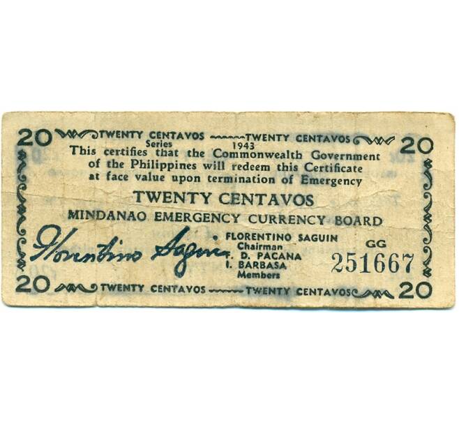 Банкнота 20 сентаво 1943 года Филиппины — провинция Минданао (Артикул: K10-12915) — Фото №1