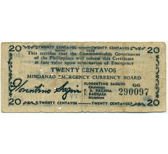 Банкнота 20 сентаво 1943 года Филиппины — провинция Минданао (Артикул: K10-12916) — Фото №1