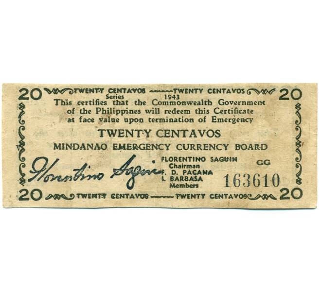 Банкнота 20 сентаво 1943 года Филиппины — провинция Минданао (Артикул: K10-12917) — Фото №1
