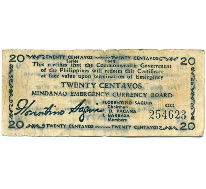 Банкнота 20 сентаво 1943 года Филиппины — провинция Минданао (Артикул: K10-12919) — Фото №1