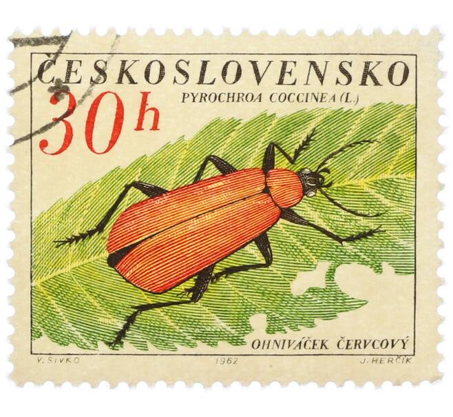 Почтовая марка 30 геллеров 1962 года Чехословакия «Жуки — Огнецветка багряная (Pyrochroa coccinea)» (Артикул: P2-1221) — Фото №1