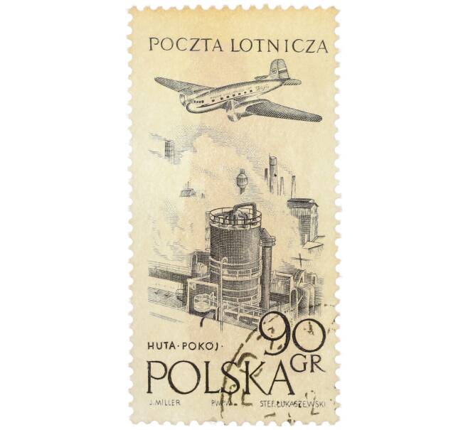 Почтовая марка 90 грошей 1959 года Польша «Самолет над металлургическим комбинатом Хута Покуй» (Авиапочта) (Артикул: P2-1281) — Фото №1