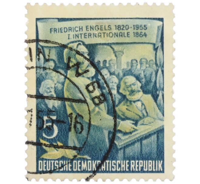 Почтовая марка 5 пфеннигов 1955 года Восточная Германия (ГДР) «Фридрих Энгельс и Первый Интернационал» (Артикул: P2-1296) — Фото №1