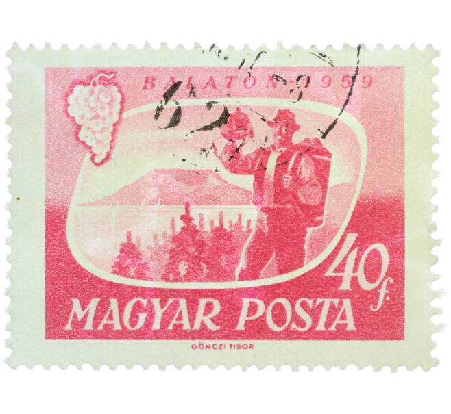 Почтовая марка 40 филлеров 1959 года Венгрия «Озеро Балатон — Виноградарство» (Артикул: P2-1368) — Фото №1