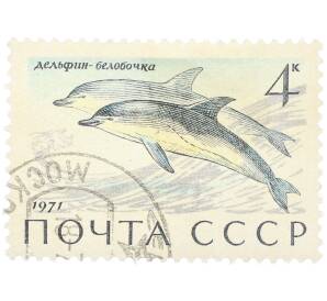 Почтовая марка 4 копейки 1971 года «Морские млекопитающие — Дельфин-белобочка» — Фото №1