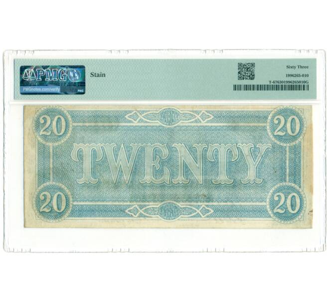 Банкнота 20 долларов 1864 года Конфедеративные Штаты Америки (Ричмонд) — в слабе PMG (Choice UNC 63) (Артикул: K10-13213) — Фото №2