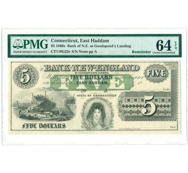 Банкнота 5 долларов 1860-1865 года США (Банк Новой Англии в Гудспидс-Лэндинге) — в слабе PMG (Choice UNC 64 EPQ) (Артикул: K10-13215) — Фото №1