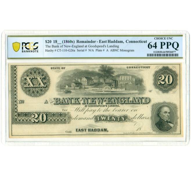 Банкнота 20 долларов 1860-1865 года США (Банк Новой Англии в Гудспидс-Лэндинге) — в слабе PMG (Choice UNC 64 PPQ) (Артикул: K10-13217) — Фото №1