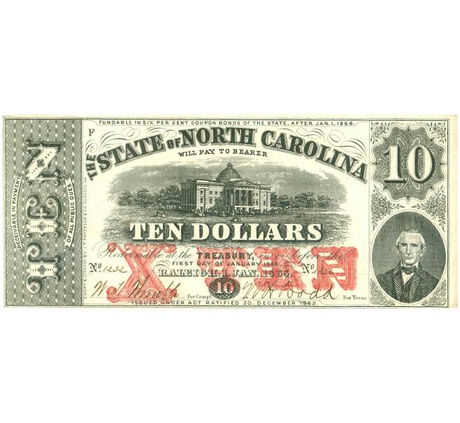 Банкнота 10 долларов 1863 года США (Северная Каролина) (Артикул: K10-13218) — Фото №1