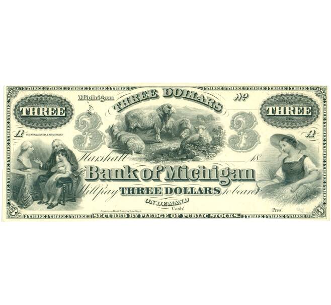 Банкнота 3 доллара 1862-1865 года США (Банк Мичигана) (Артикул: K10-13223) — Фото №1