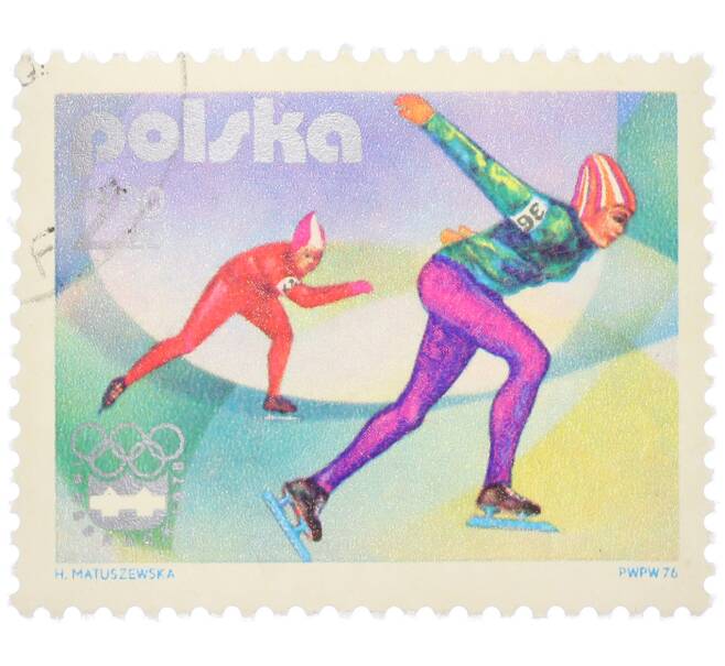 Почтовая марка 2 злотых 1976 года Польша «XII зимние Олимпийские игры в Инсбруке (Австрия) — Конькобежцы» (Артикул: K12-79221) — Фото №1