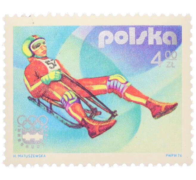 Почтовая марка 4 злотых 1976 года Польша «XII зимние Олимпийские игры в Инсбруке (Австрия) — Санный спорт» (Артикул: K12-79222) — Фото №1