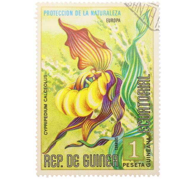 Почтовая марка 1 песета 1974 года Экваториальная Гвинея «Охрана природы — Башмачок настоящий» (Артикул: K12-79308) — Фото №1