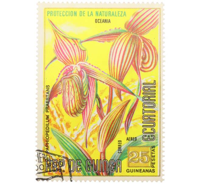 Почтовая марка 25 песет 1974 года Экваториальная Гвинея «Охрана природы — Пафиопедилум превосходный» (Артикул: K12-79314) — Фото №1