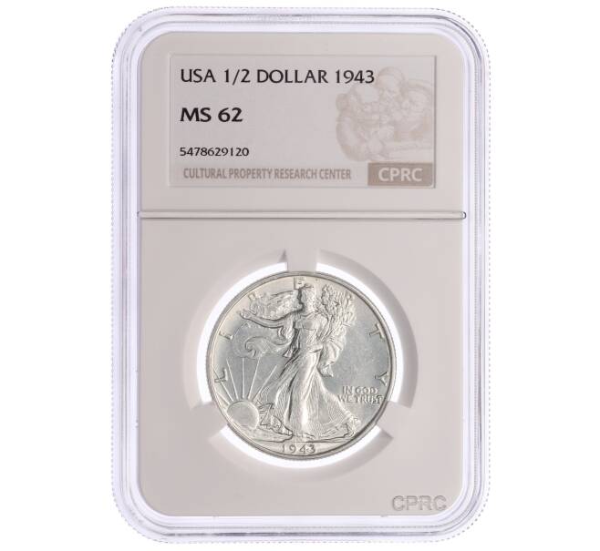 Монета 1/2 доллара 1943 года США — в слабе CPRC (MS62) (Артикул: K10-13332)