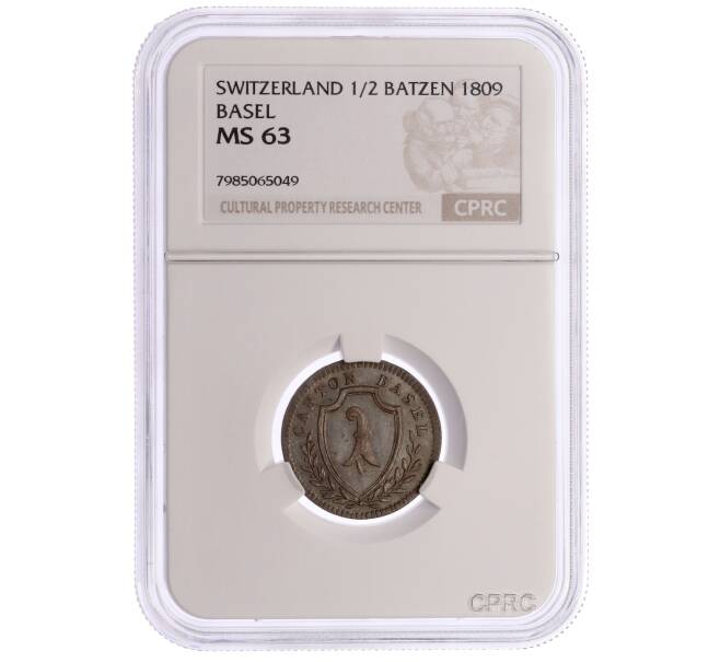 Монета 1/2 батцена 1809 года Швейцария — кантон Базель — в слабе CPRC (MS63) (Артикул: K10-13336)