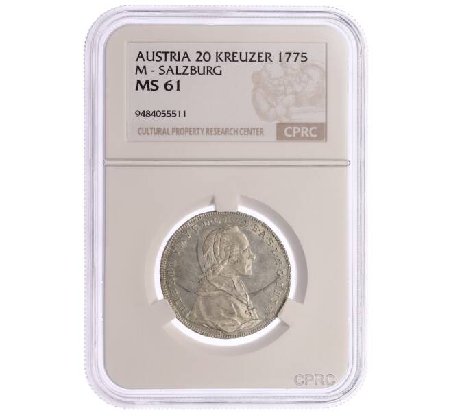 Монета 20 крейцеров 1775 года Зальцбург — в слабе CPRC (MS61) (Артикул: K10-13338)