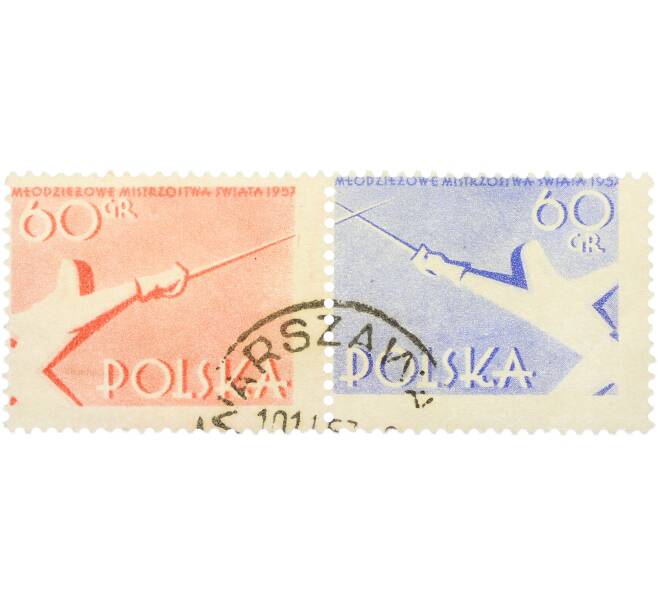Сцепка из двух марок 60 грошей 1957 года Польша «Фехтование» (Артикул: P2-1519) — Фото №1