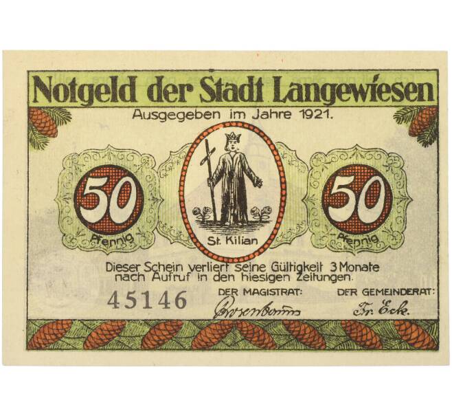 Банкнота 50 пфеннигов 1921 года Германия — город Лангевизен (Нотгельд) (Артикул: K10-13665) — Фото №2