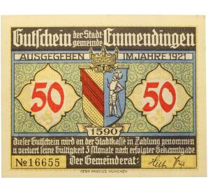 50 пфеннигов 1921 года Германия — город Эммендинген (Нотгельд) — Фото №2