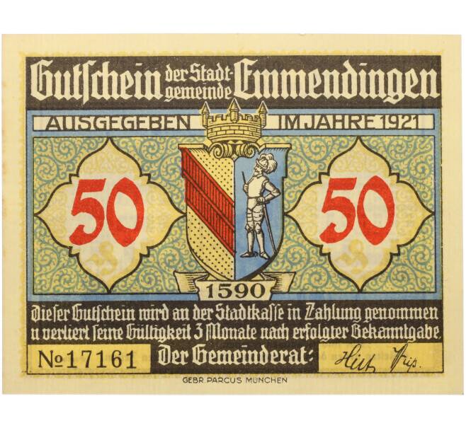 Банкнота 50 пфеннигов 1921 года Германия — город Эммендинген (Нотгельд) (Артикул: K10-13679) — Фото №2
