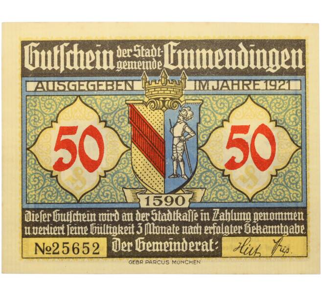Банкнота 50 пфеннигов 1921 года Германия — город Эммендинген (Нотгельд) (Артикул: K10-13681) — Фото №2