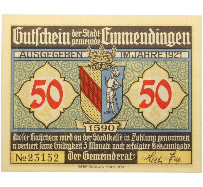 Банкнота 50 пфеннигов 1921 года Германия — город Эммендинген (Нотгельд) (Артикул: K10-13683) — Фото №2
