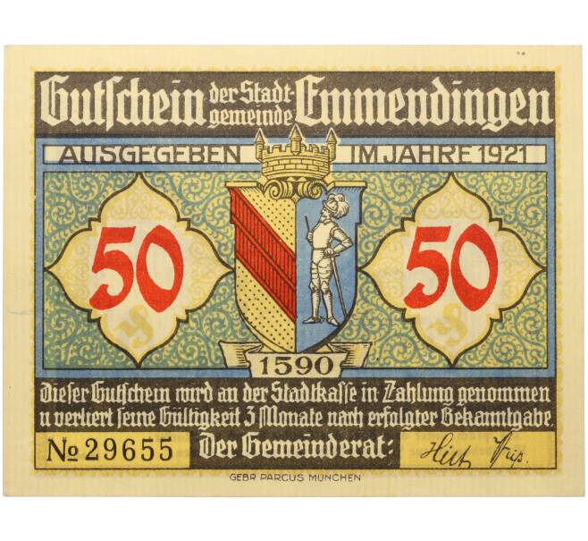 Банкнота 50 пфеннигов 1921 года Германия — город Эммендинген (Нотгельд) (Артикул: K10-13685) — Фото №2