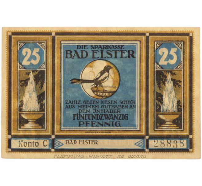 Банкнота 25 пфеннигов 1922 года Германия — муниципалитет Бад-Эльстер (Нотгельд) (Артикул: K10-13686) — Фото №1