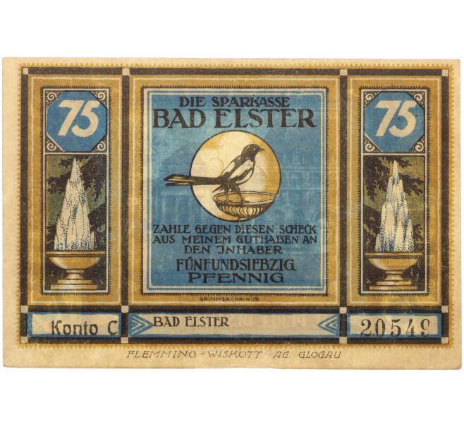 Банкнота 75 пфеннигов 1922 года Германия — муниципалитет Бад-Эльстер (Нотгельд) (Артикул: K10-13695) — Фото №1