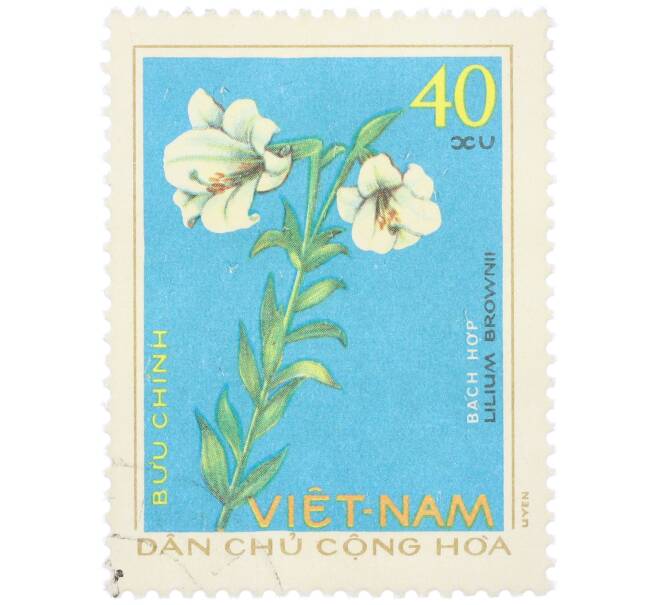 Почтовая марка 40 су 1975 года Северный Вьетнам (ДРВ) «Лекарственные растения — Лилия Брауна (Lilium brownii)» (Артикул: K12-80685) — Фото №1