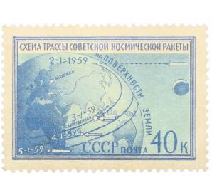 Почтовая марка 40 копеек 1959 года «Первая советская космическая ракета запущенная в сторону Луны — Схема трассы ракеты» — Фото №1