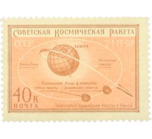 Почтовая марка 40 копеек 1959 года «Первая советская космическая ракета запущенная в сторону Луны — Траектория сближения ракеты с Луной» — Фото №1