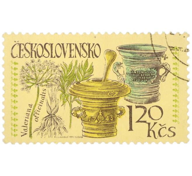 Почтовая марка 1.20 кроны 1971 года Чехословакия «Международный конгресс по истории фармации в Праге — Ступки и валериана» (Артикул: K12-81084) — Фото №1