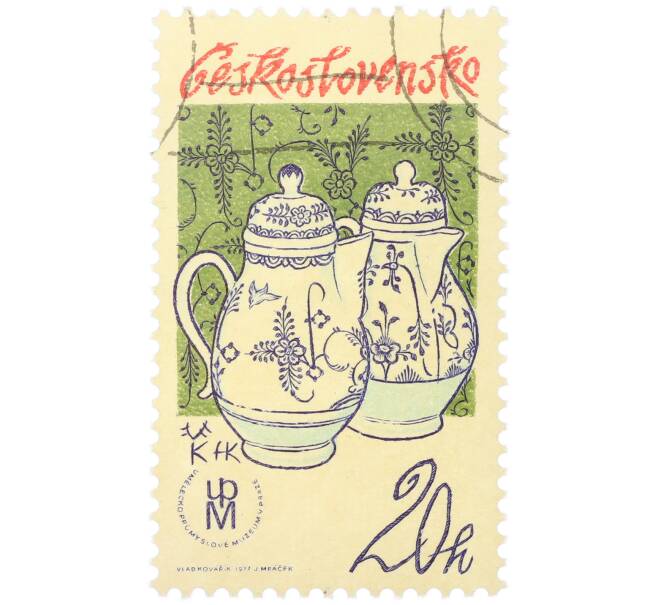 Почтовая марка 20 геллеров 1977 года Чехословакия «Традиции чехословацкого фарфора — Кофейники» (Артикул: K12-81525) — Фото №1
