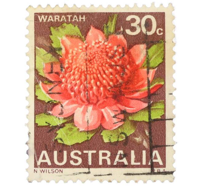 Почтовая марка 30 центов 1968 года Австралия «Государственные цветы — Варатта (Telopea speciosissima)» (Артикул: K12-81540) — Фото №1